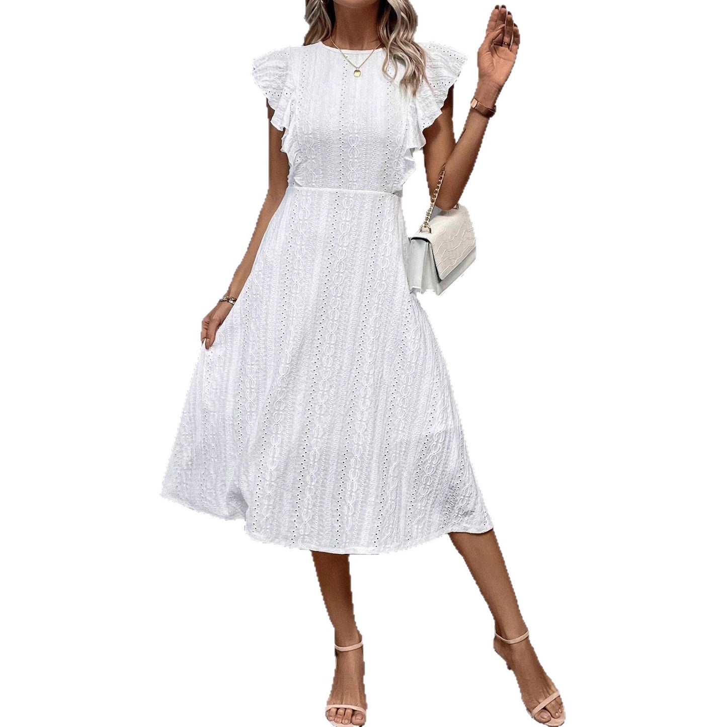 Women's Elegant Lady Classic Ruffles White Zipper Dress