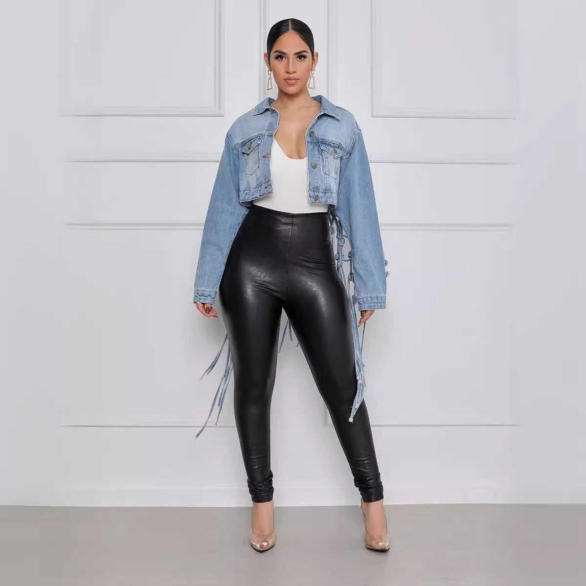 Classy Back Mesh Tassel Denim Female Jackets