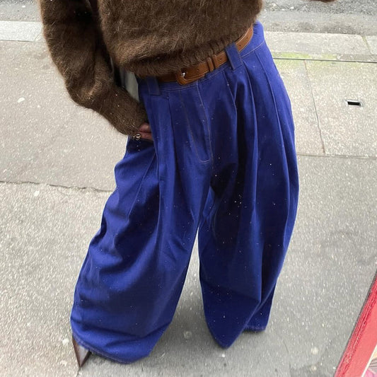 Women's American Style Double Pocket Blue Trousers Loose Pants