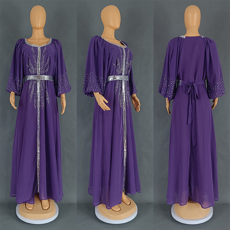 Women's Rhinestone Dress Chiffon Puff Sleeve Containing Dresses