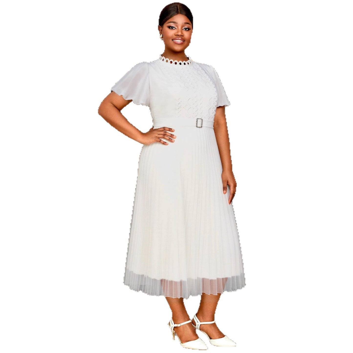 Women's Hollow Dress Puff Sleeve Rhinestone Buckle Pleated Dresses