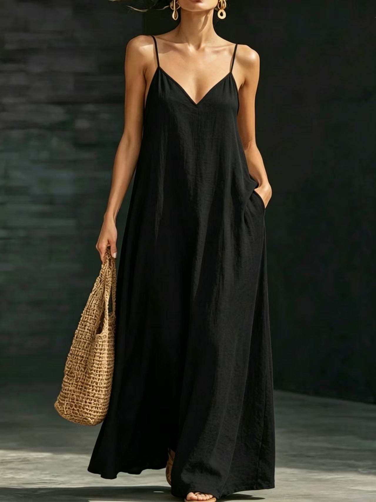 Women's Summer Strap Long Casual Fashion Large Swing Solid Color Dress
