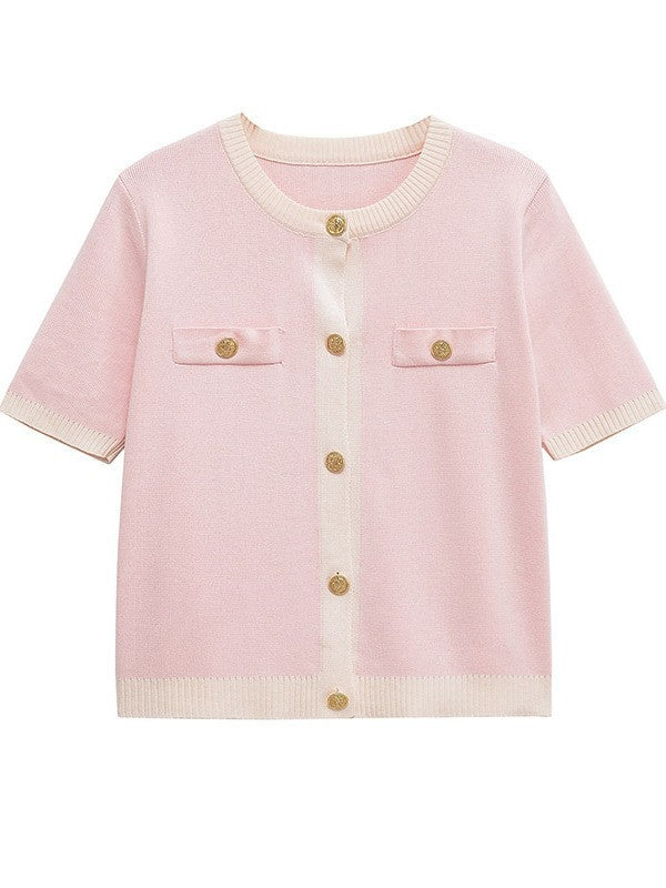 Women's Autumn Button Decoration Stitching Short-sleeved For Knitwear
