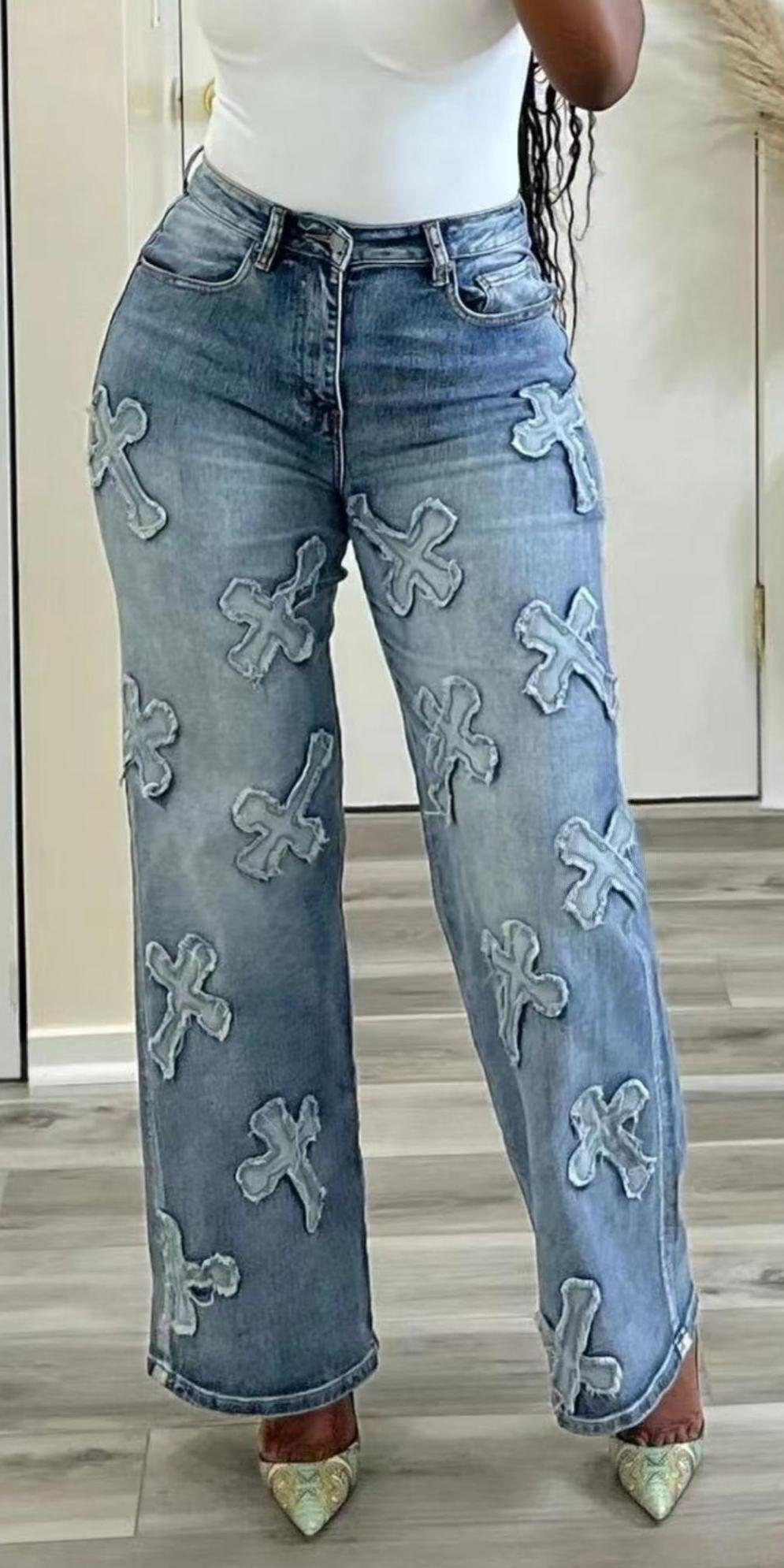 Washed Denim Tassel Cross Hip Hop Jeans