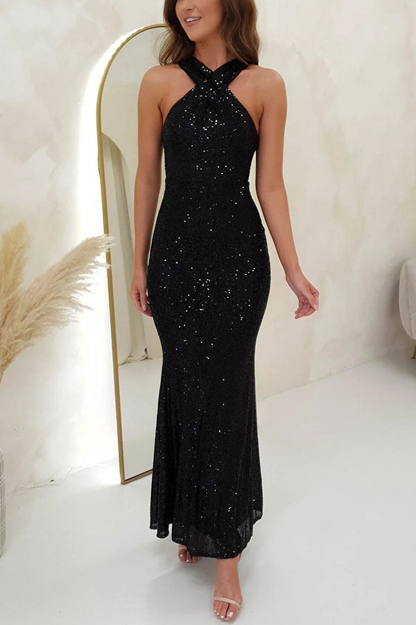 Fashionable Multicolor Halter Sleeveless Sequins Dress Dresses