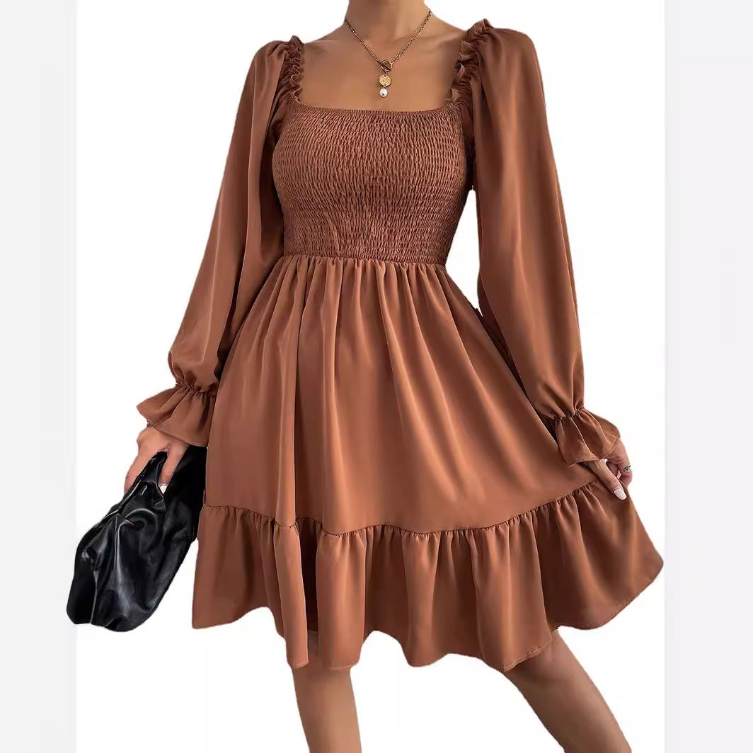 Women's Square Collar Long Sleeve Ruffled High Waist Tight Dresses