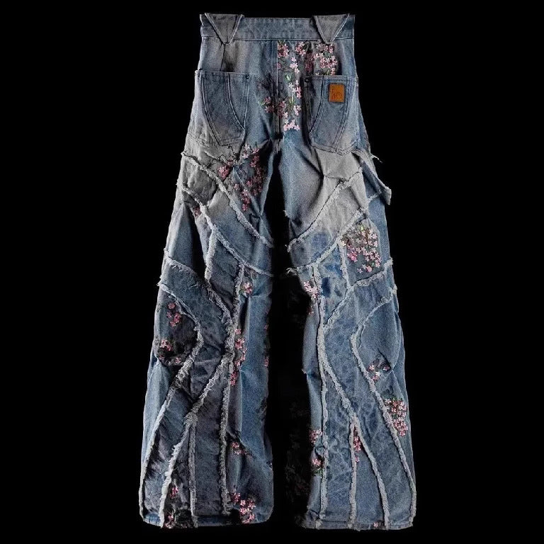 Women's & Men's & Vintage Flower Embroidery Pattern High-waisted Trousers Jeans
