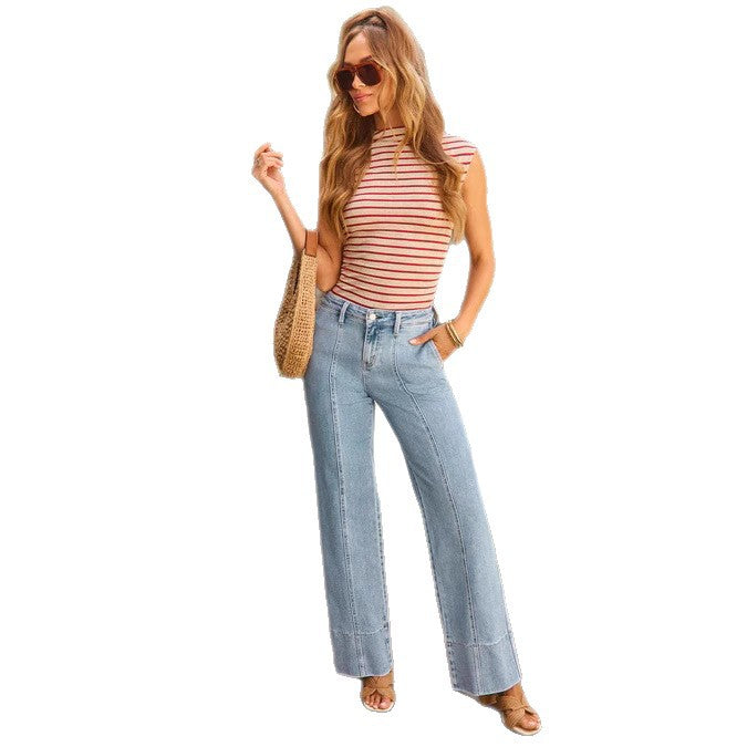 Women's High Waist Elastic Slim Fit Straight Jeans