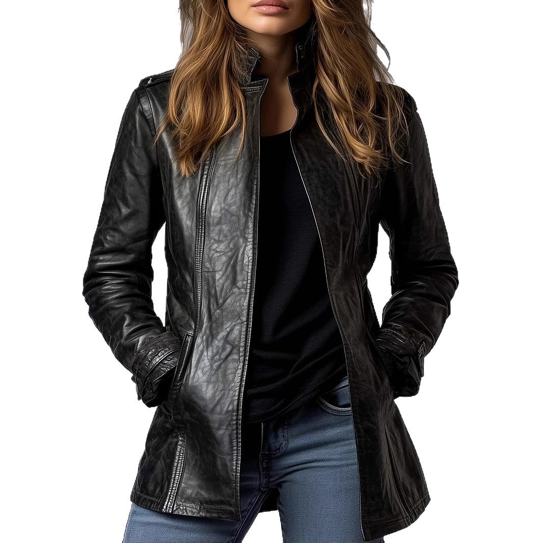 Women's Leather Stand Collar Long Sleeve Distressed Jackets