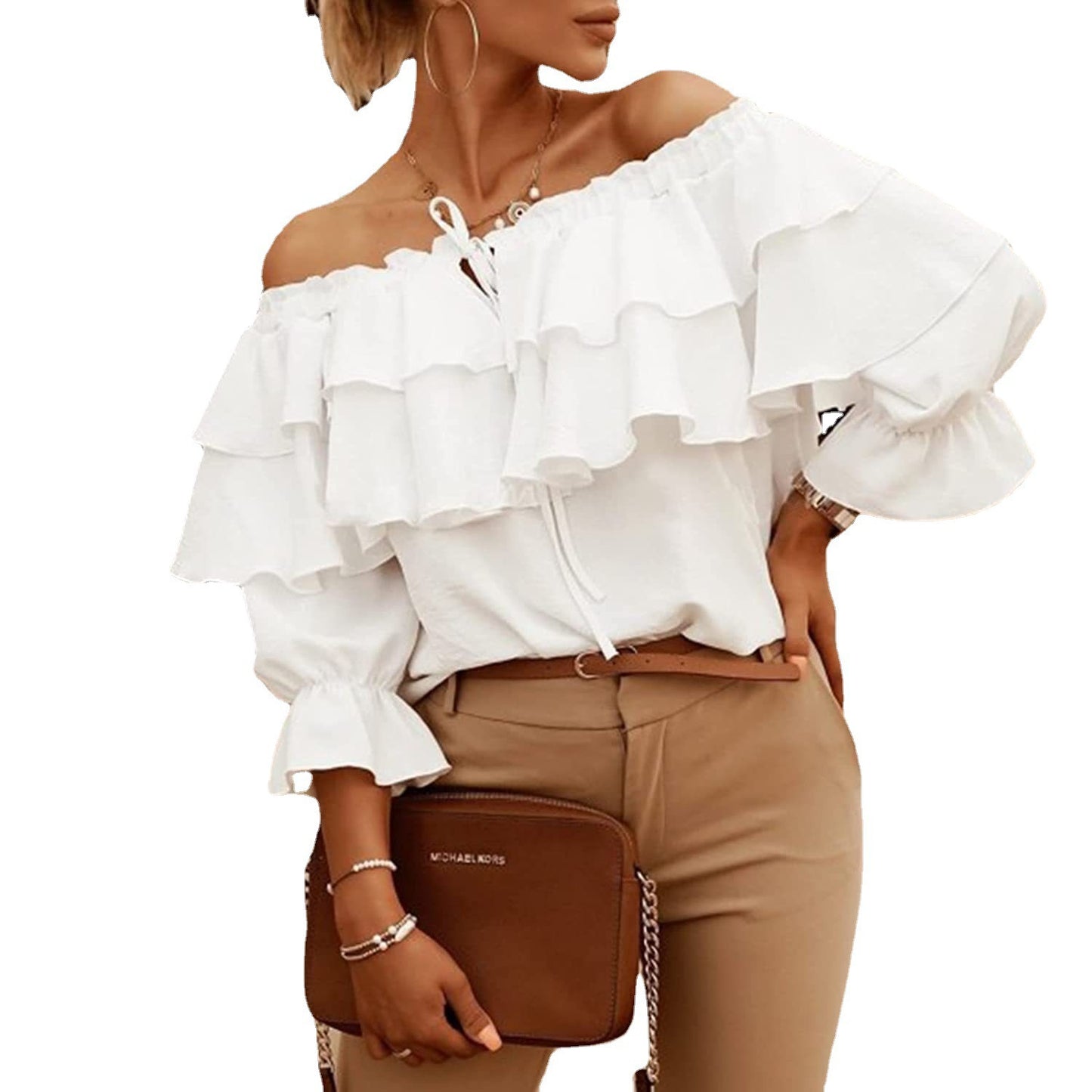 Women's Shoulder Tied Lotus Leaf Casual Loose Blouses