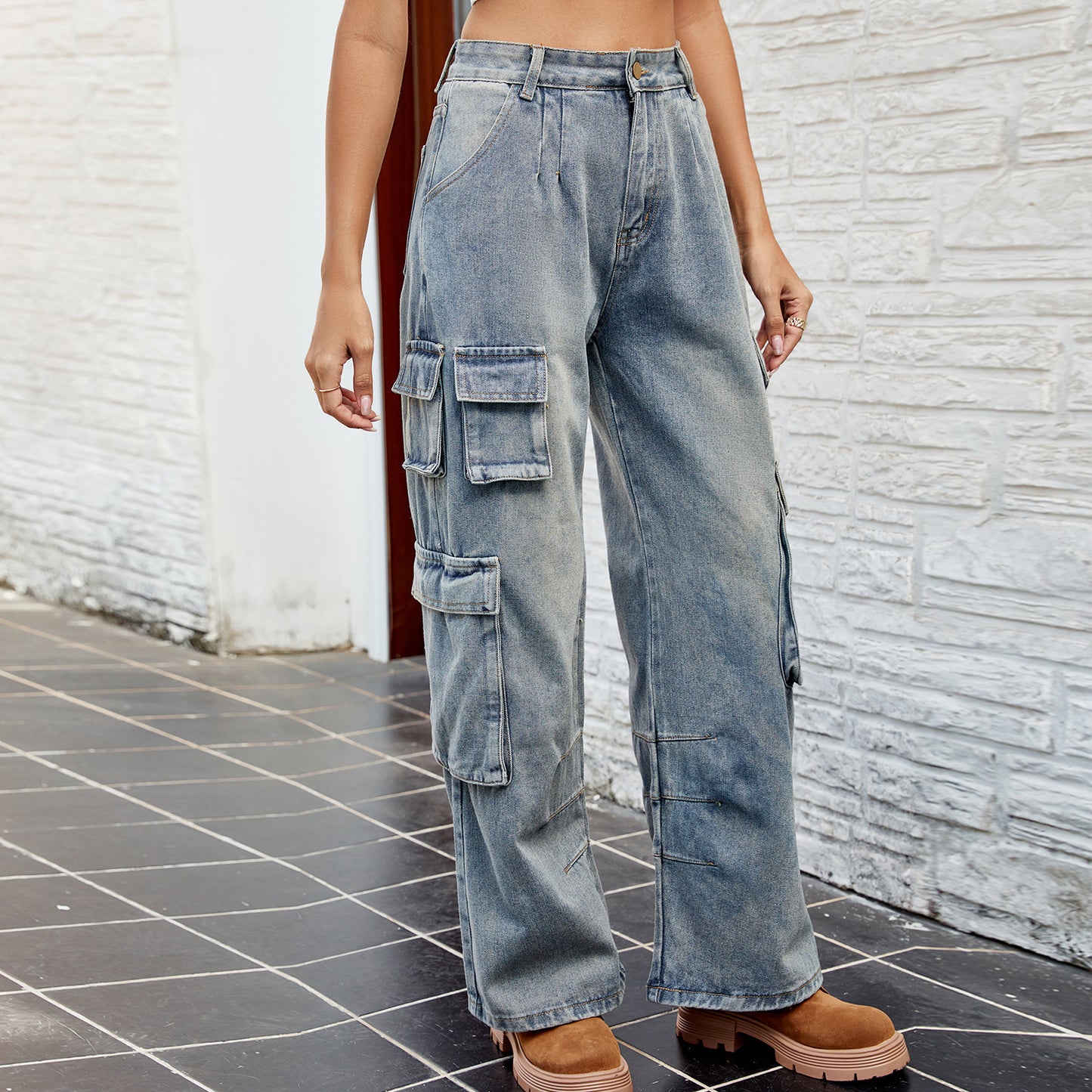 Women's Washed Half Elastic Loose Denim Overalls Jeans