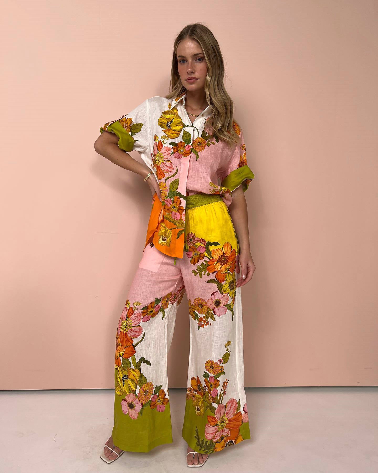 Casual Printed Cotton Linen Two-piece Outfit Suits