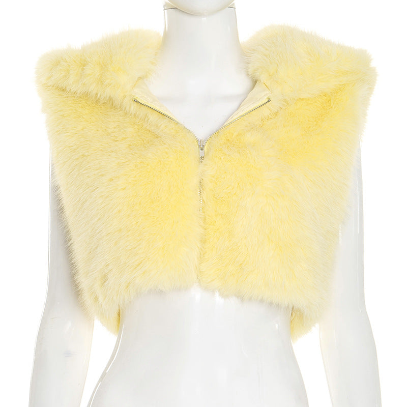Women's Fashion Solid Color Fur Zipper Hooded Tops