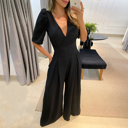Women's Spring Temperament Leisure High Waist Puff Jumpsuits