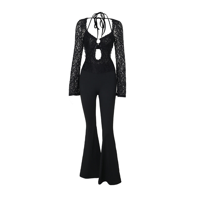 Women's Autumn Elegant Long Sleeve Lace Backless Jumpsuits