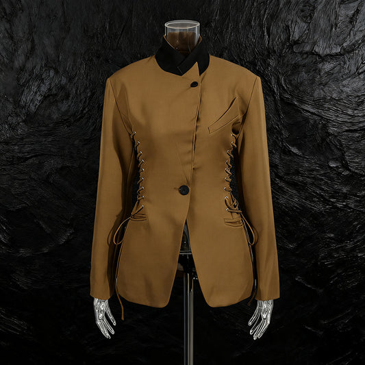 Women's Stand Collar Small Autumn Fashion Tie Waist Slimming Solid Blazers