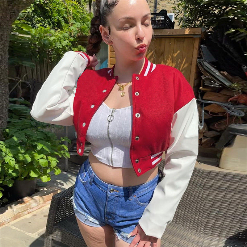 Women's Long-sleeved Solid Color Buttons Baseball Stitching Jackets