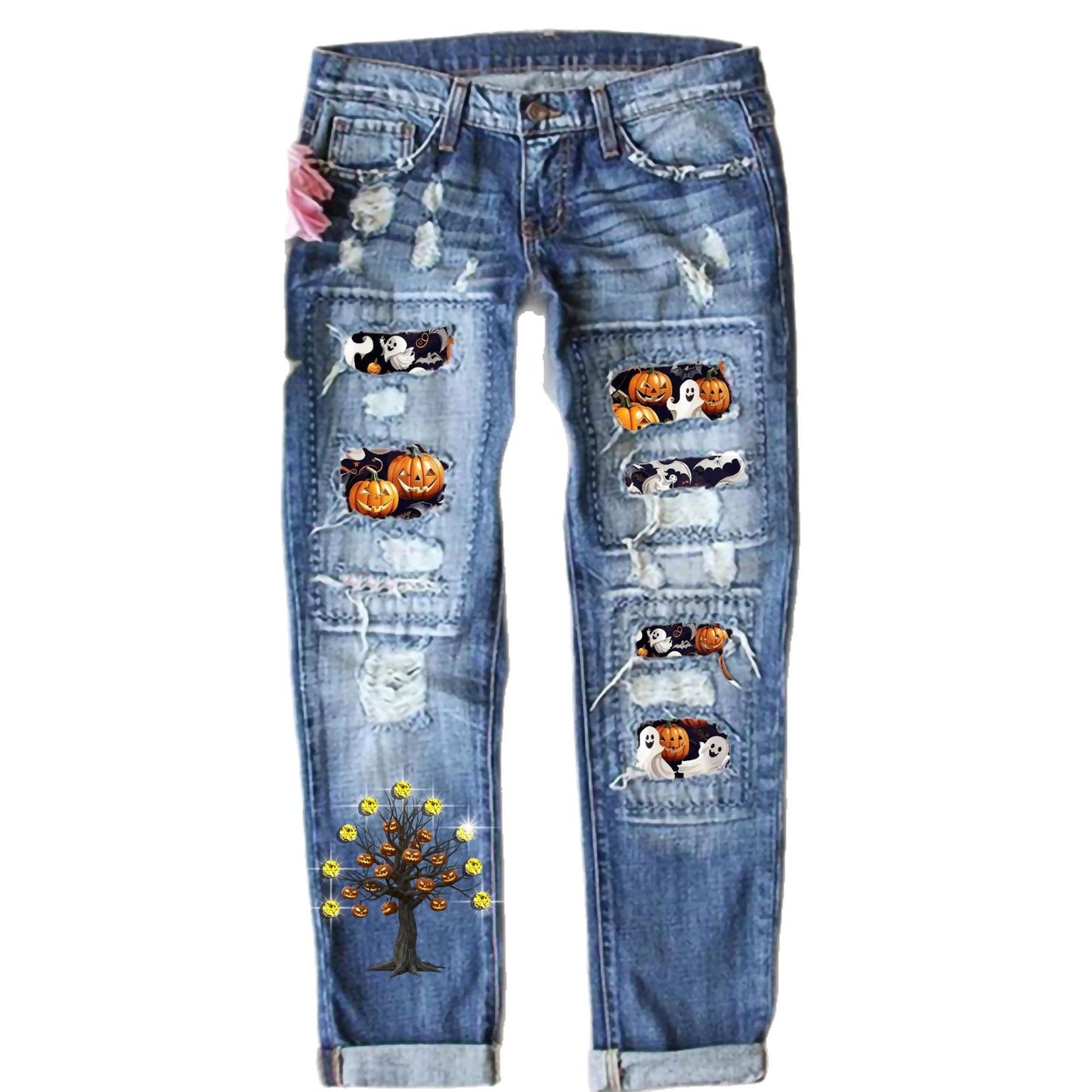 Women's Halloween Fashion Diamond Print Ripped Mid Jeans