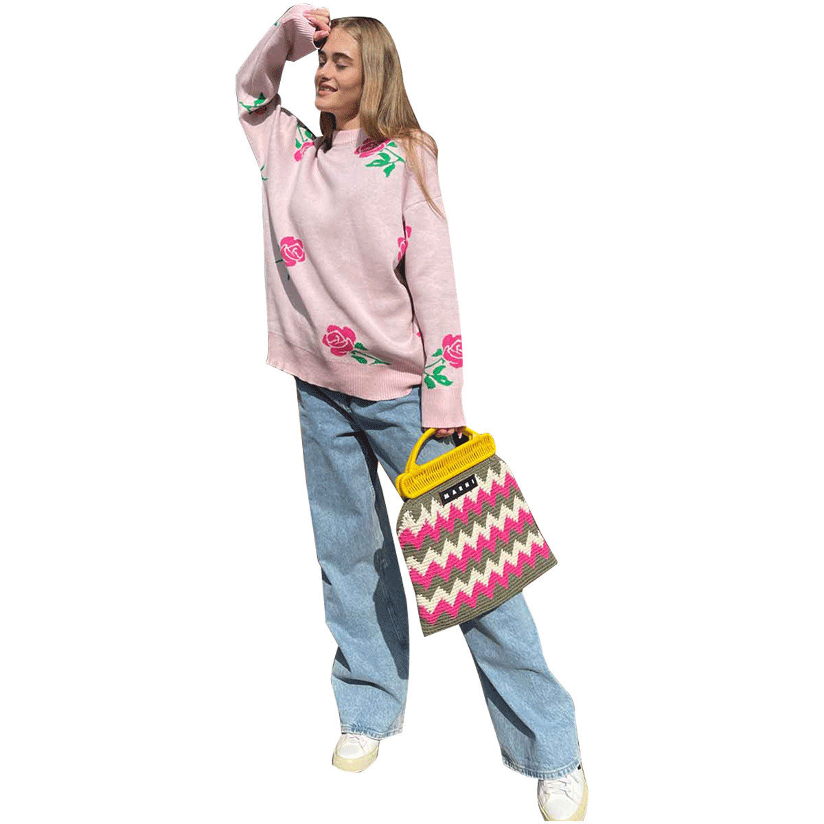 Women's Rose Printed Round Neck Loose Pullover Sweaters