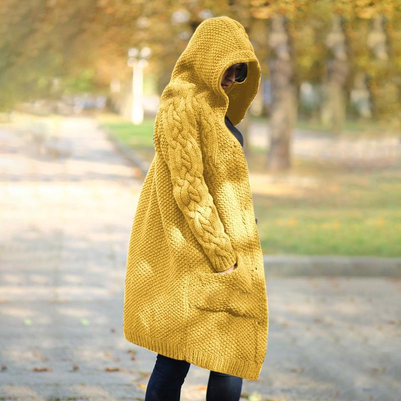 Women's Hooded Single-breasted Slim Street Hipster Long Knitwear