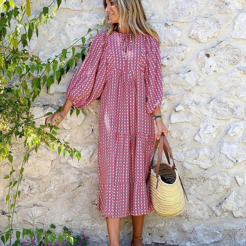 Women's Autumn Geometric Collage Puff Sleeve Dress Street Clothing