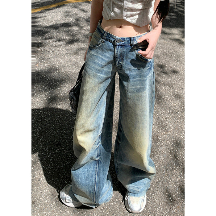 American Style Nostalgic Yellow Washed Straight Jeans