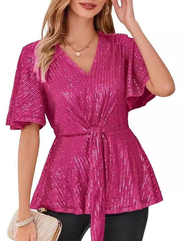 Women's Outline Tie Front Flare Sleeve Glitter Bruce Tops
