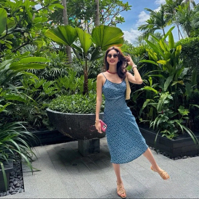 Flower Low-cut Mid-length Slim Fit Backless Dresses