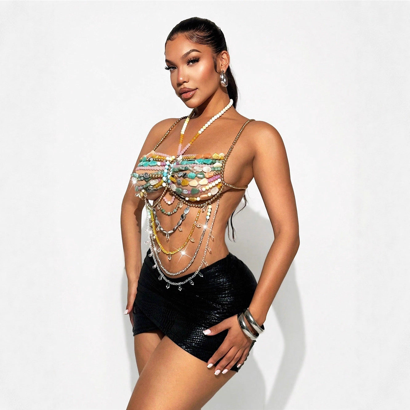 Backless Colored Gem Body Chains Halter Tops