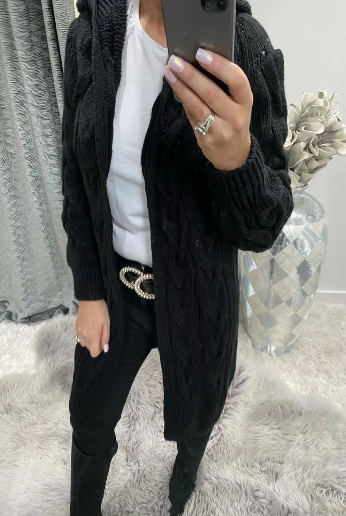 Women's Long Hooded Knit Twisted Sleeve Solid Knitwear