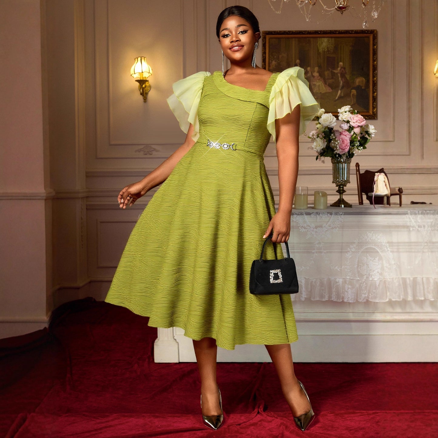 Collar Mesh Flying Sleeves Midi Dress Tight Dresses