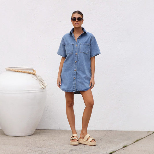 Women's Denim Short-sleeved Lapel Shirt Loose Dress Dresses