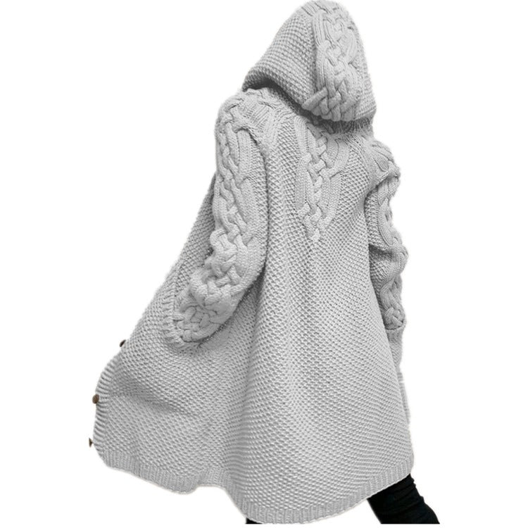 Women's Hooded Single-breasted Slim Street Hipster Long Knitwear