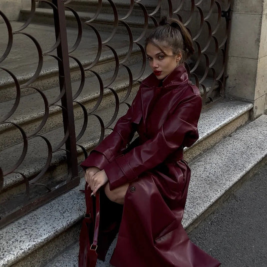 Women's Lapel With Belt Long Faux Leather Coats