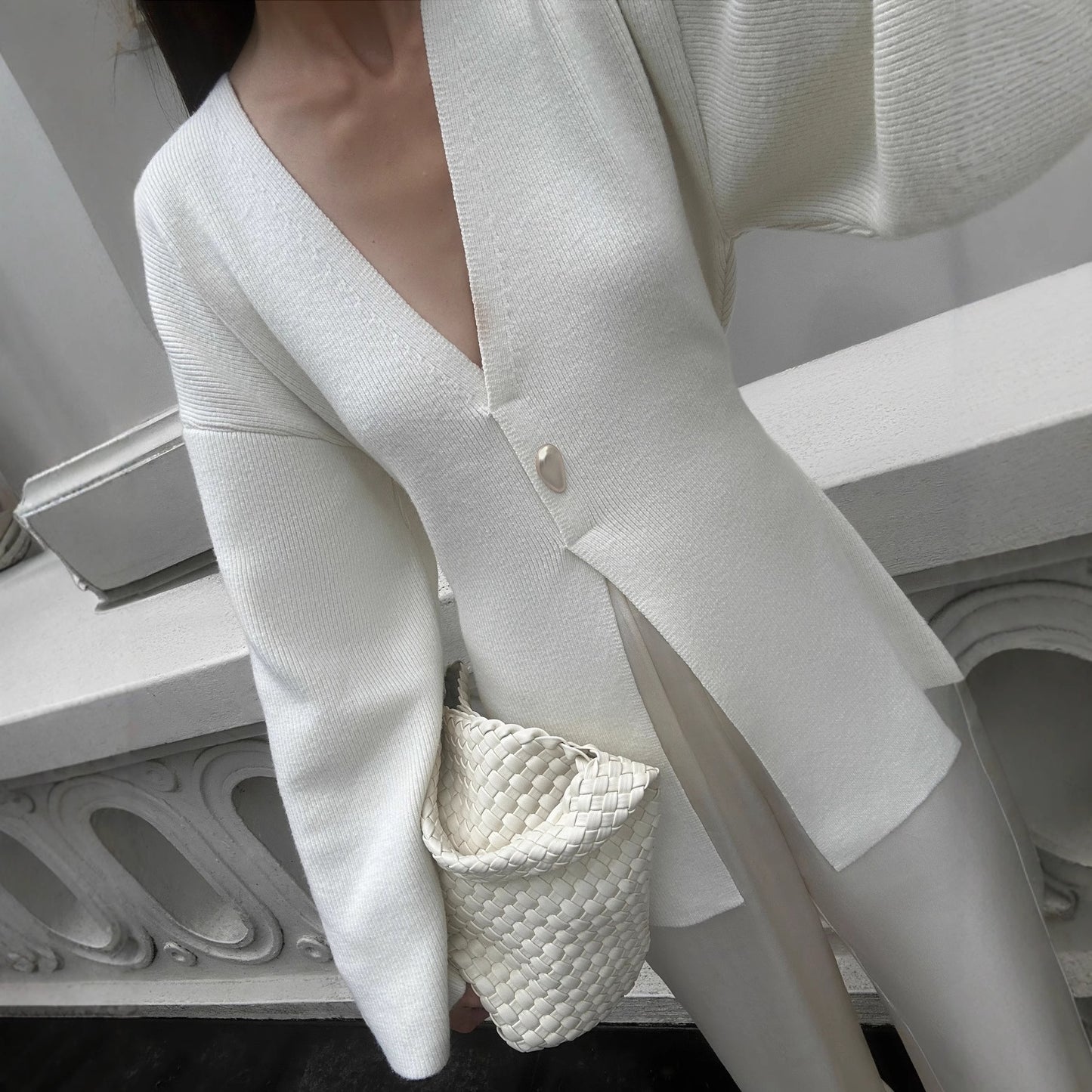 Sleeve Pullover White One Button Strap Sweaters
