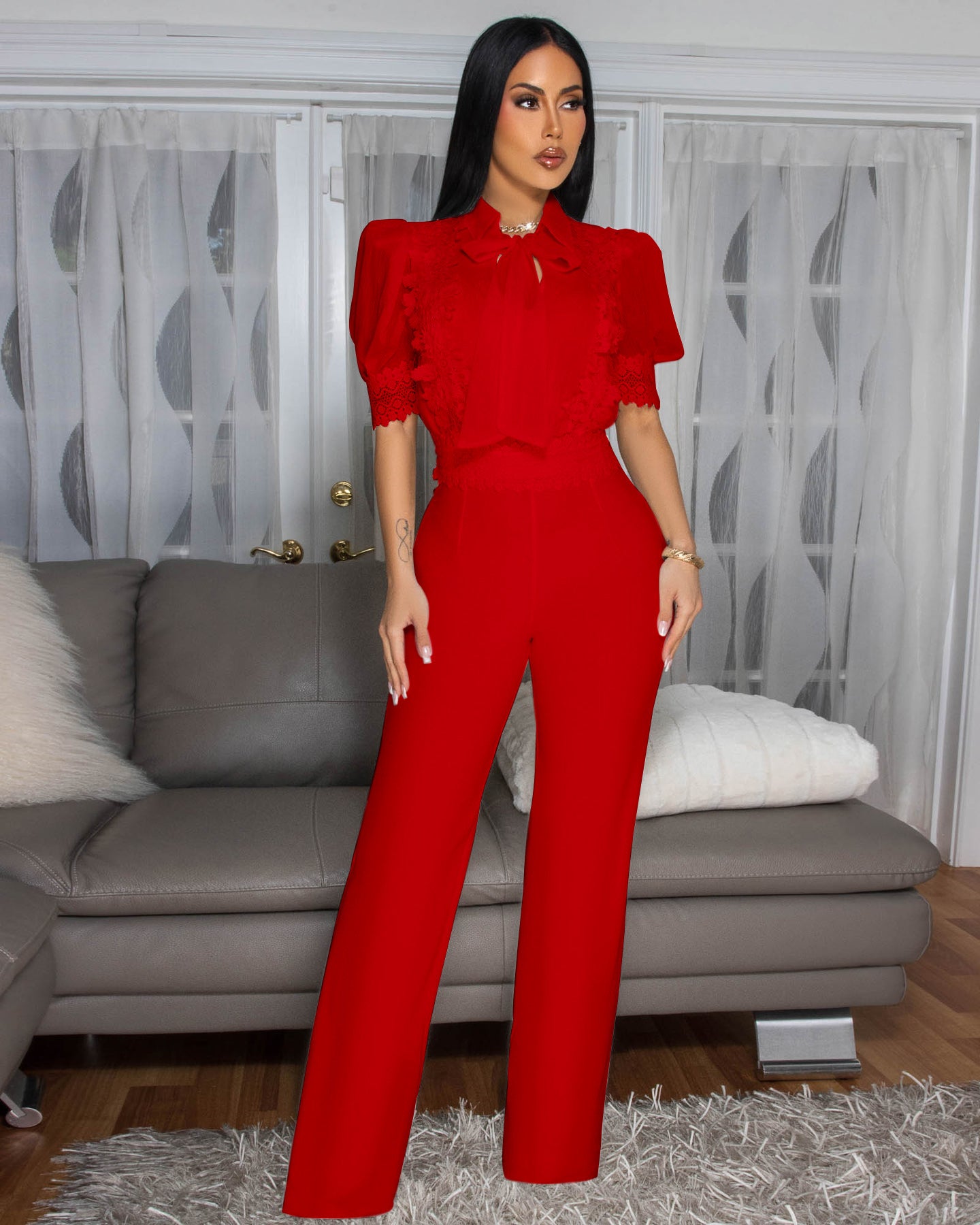 Women's Elegant Personalized Lace Stitching Tied Wide Jumpsuits