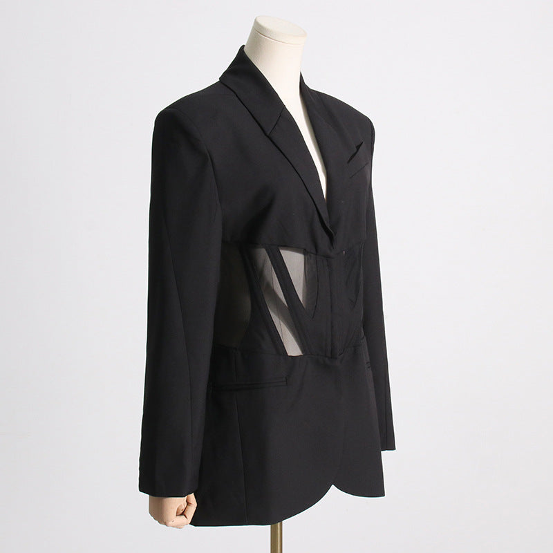 Women's Waist Mesh Slim Fit Patchwork Design Blazers