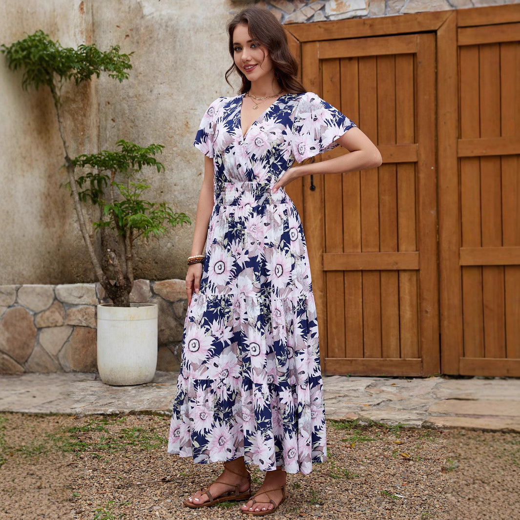Women's Rayon Printed Sleeve Vacation Style Waist Slimming Dresses