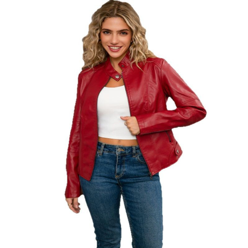 Women's European Leather Motorcycle Stand Collar Elegant Jackets