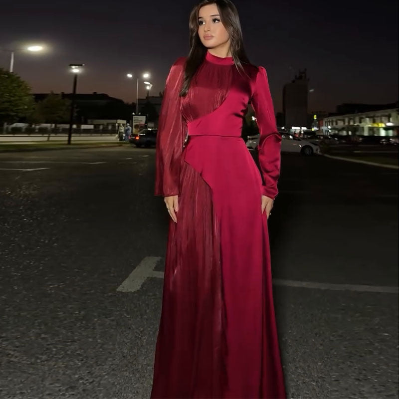 Women's Round Neck Contrast Color Long Sleeve High Waist Dresses