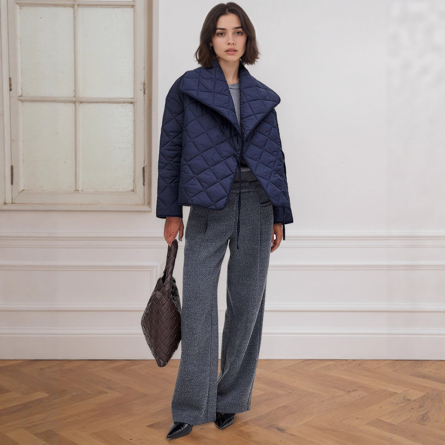Women's Fashionable Large Lapel Sapphire Blue With Rhombus Quilted Coats