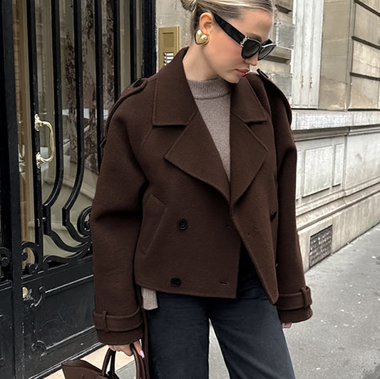 Women's French Brown Woolen For Commuting Fashion Coats