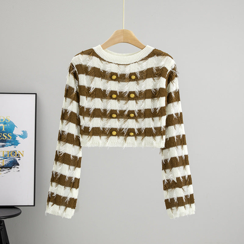 Women's Knitted Long-sleeved Niche Tassel Striped Pullover Round Shorts