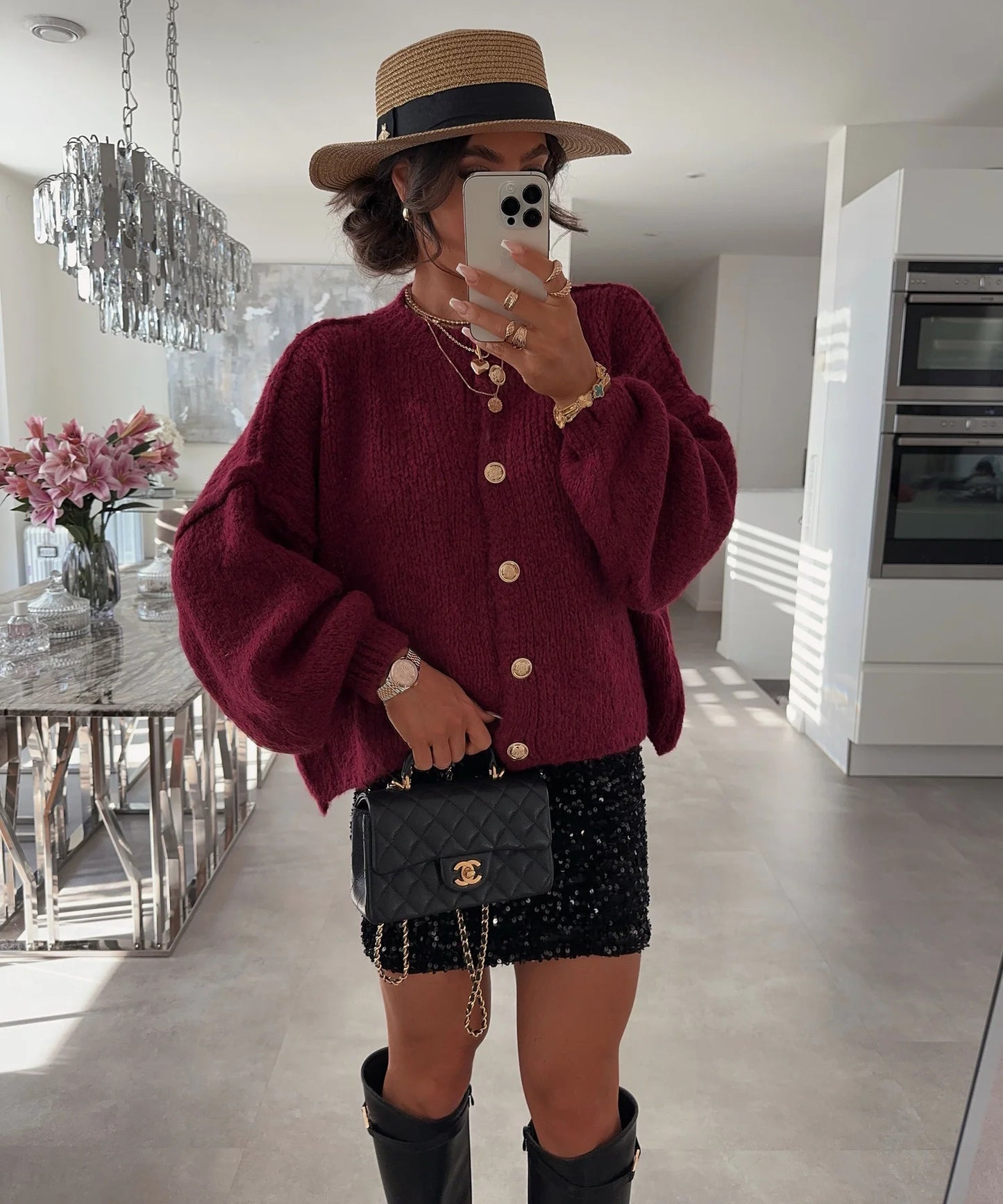 Women's Retro Gold Button Solid Color Knitted Sweaters