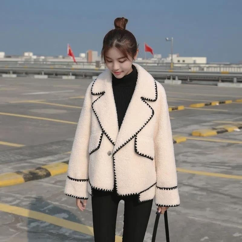 Women's Lapel String Decoration Loose Casual Lamb Coats