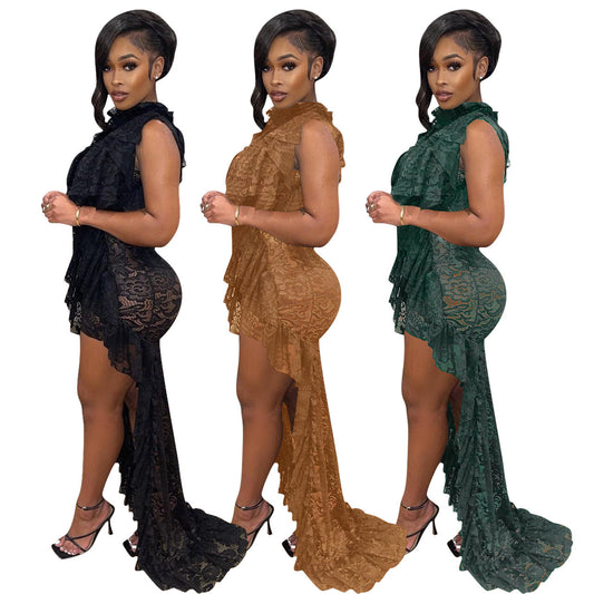 Women's Sleeveless Lace Ruffled Collar Irregular Mopping Dresses