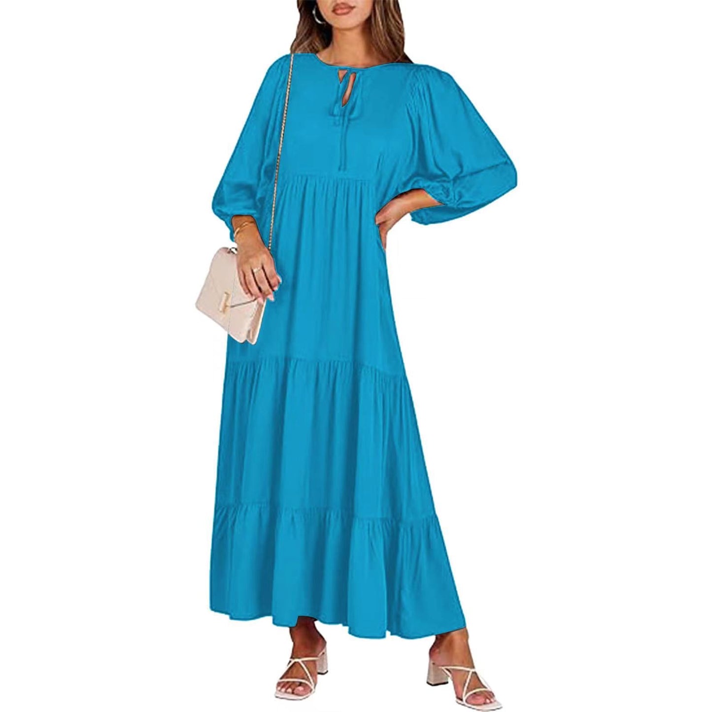 Women's Autumn Geometric Collage Puff Sleeve Dress Street Clothing