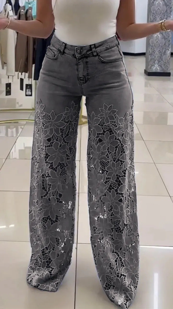 Women's Casual Fashion Hollow Lace Stitching Wide Jeans