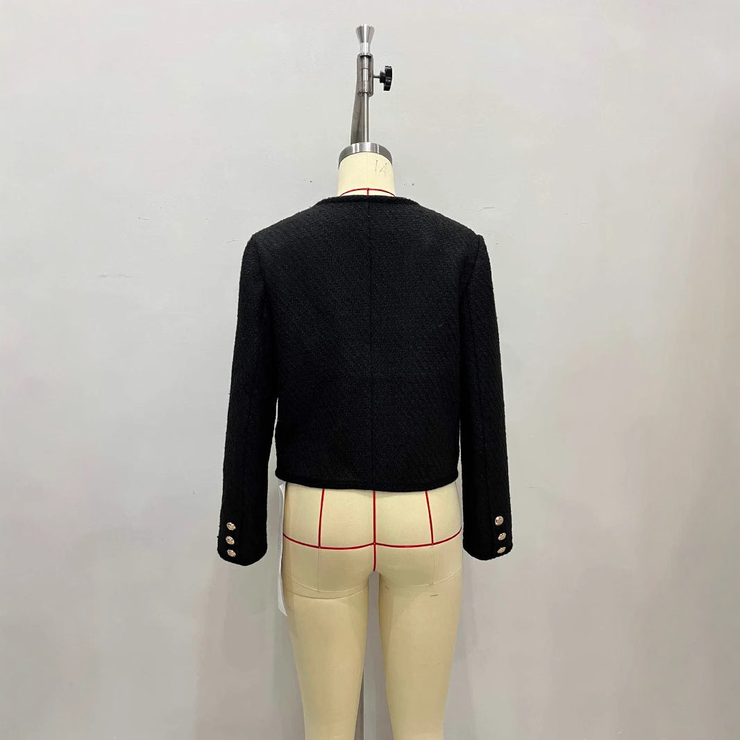 Women's Round Neck Long Sleeve Classic Style Tweed With Metal Blouses