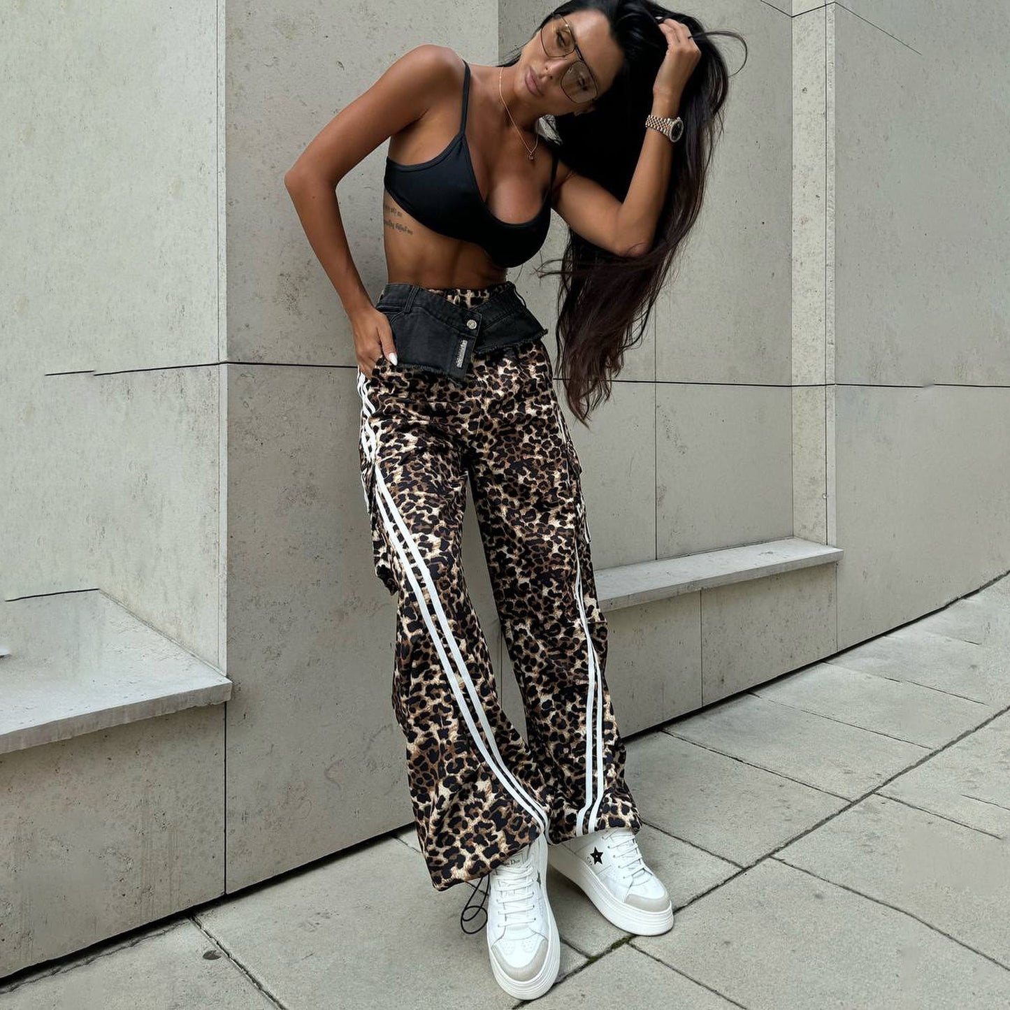 Leopard Print Casual Street Fashionable Striped Pants